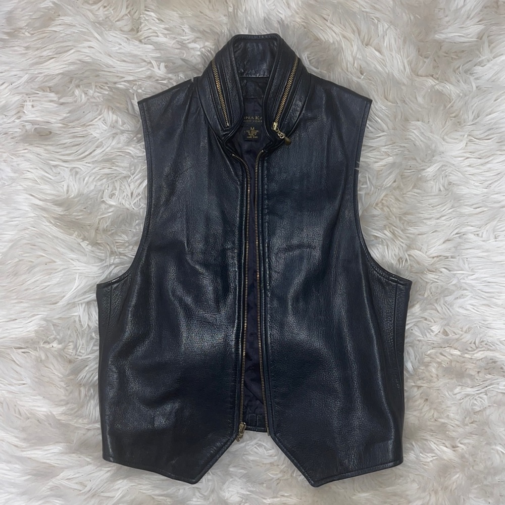 DONNA KAREN leather vest with gold hardware